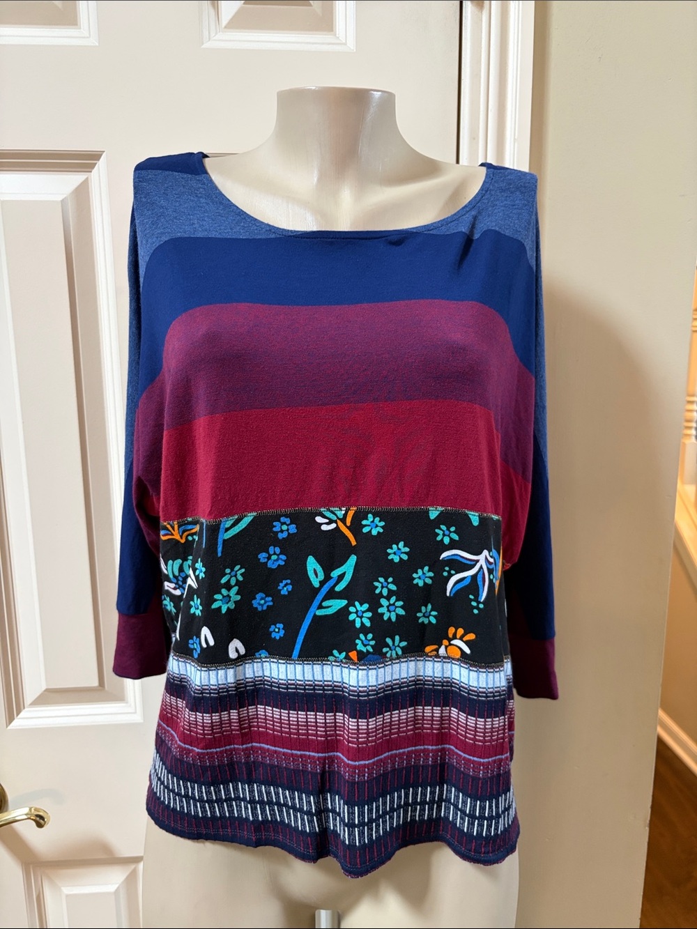 Desigual Colorblock & Floral Mixed-Print Knit Top in Blue, Burgundy, Black, lg